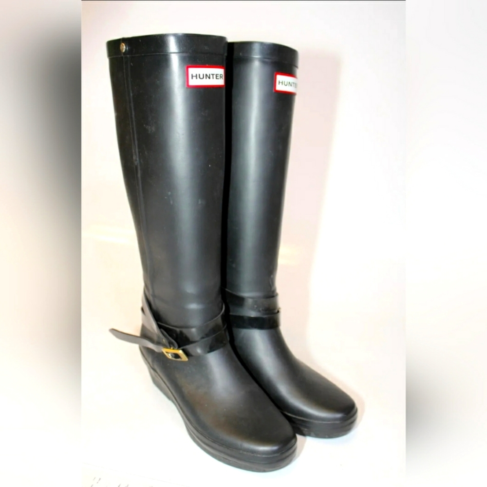 Hunter Andora Womens 5 Tall Black Rubber Wedge Waterproof Rain Boots